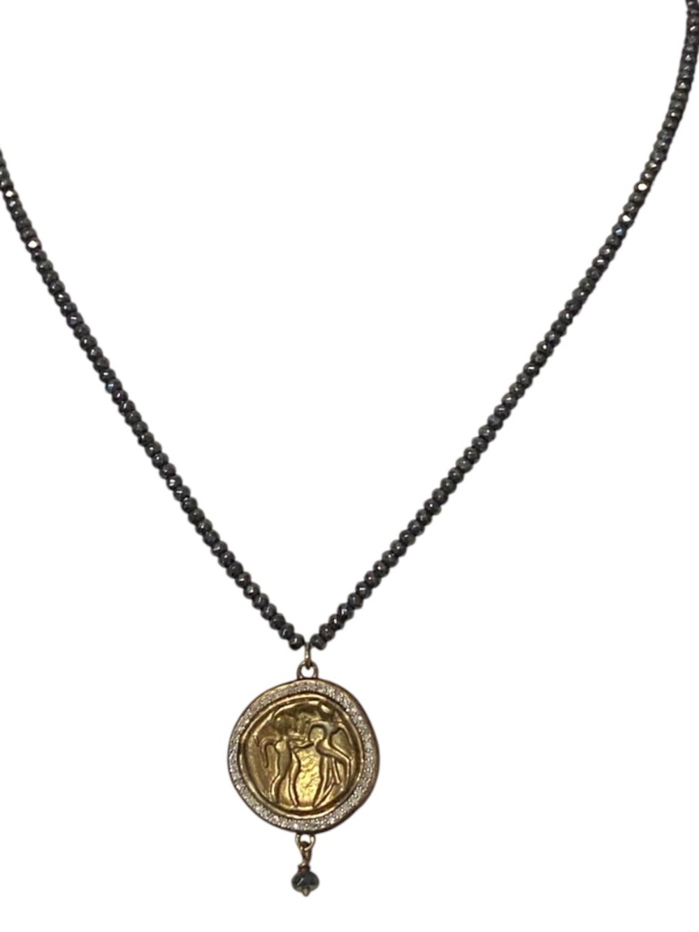 Pave diamond sterling silver necklace with black faceted stones